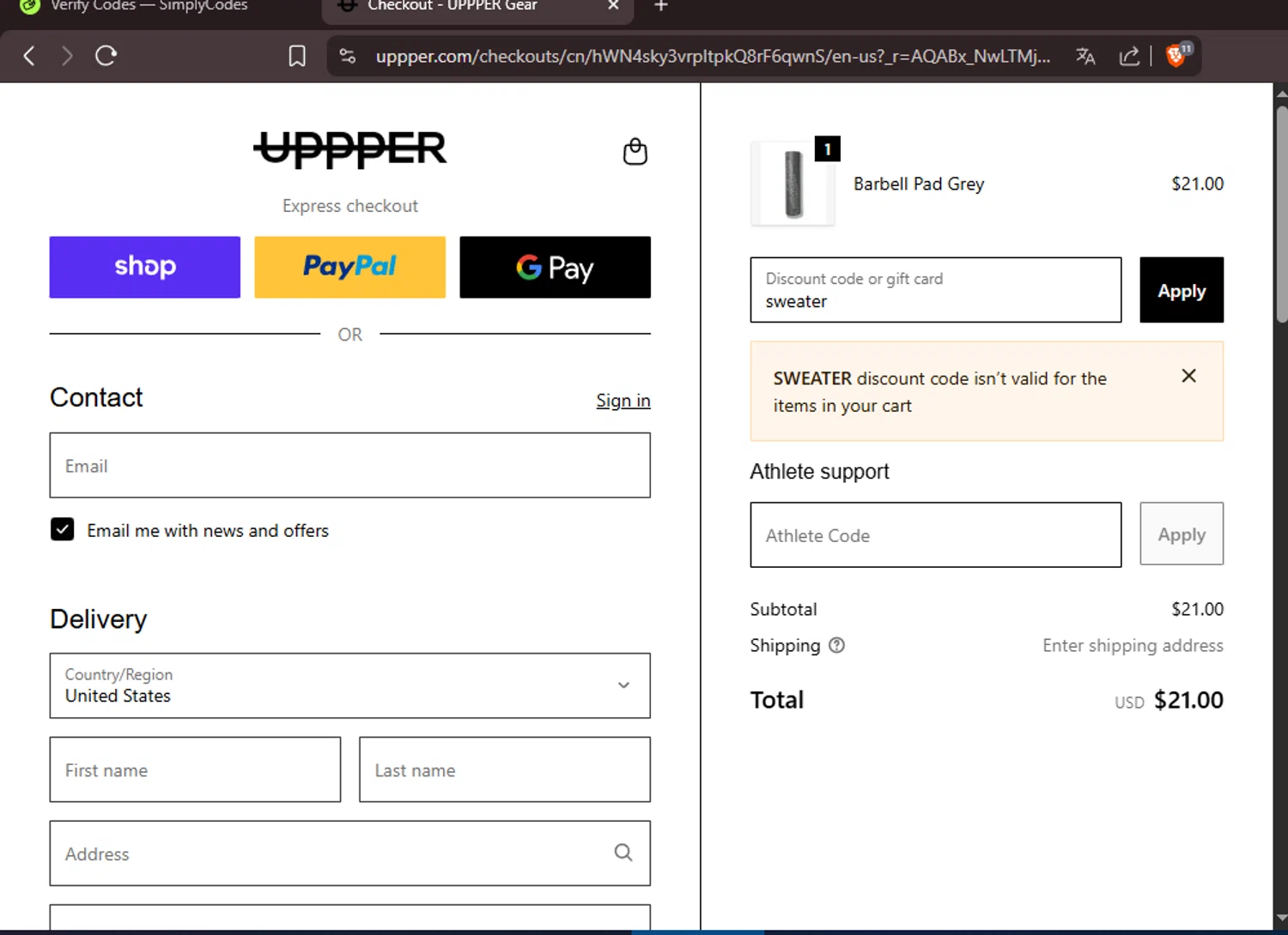 Uppper discount code screenshot showing code sweater applied at Uppper checkout page. Uploaded by SimplyCodes community member CleverMaven9571 on Nov 3, 2025
