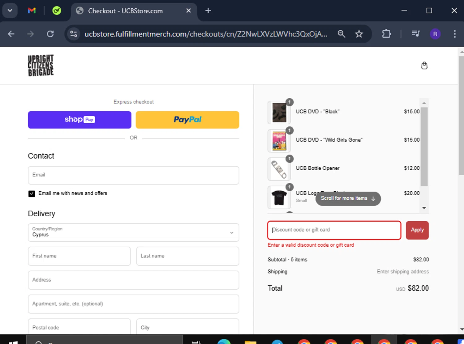 Upright Citizens Brigade promo code screenshot showing code SURPRISE50 applied at Upright Citizens Brigade checkout page. Uploaded by SimplyCodes community member CashCollector4199 on Mar 5, 2025