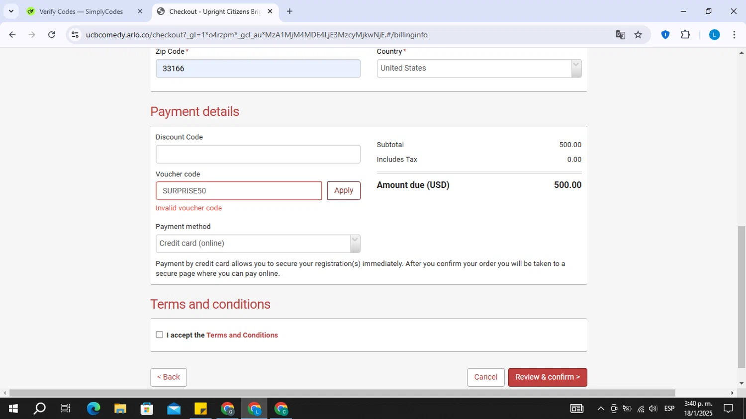 Upright Citizens Brigade promo code screenshot showing code SURPRISE50 applied at Upright Citizens Brigade checkout page. Uploaded by SimplyCodes community member EpicMaestro5922 on Jan 18, 2025