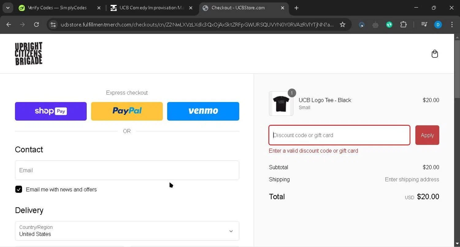 Upright Citizens Brigade promo code screenshot showing code Sentimental5 applied at Upright Citizens Brigade checkout page. Uploaded by SimplyCodes community member miawallace on Feb 13, 2025
