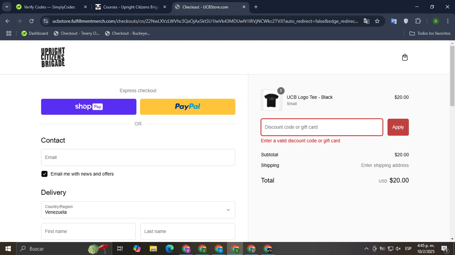 Upright Citizens Brigade promo code screenshot showing code FOURTHOFJULY applied at Upright Citizens Brigade checkout page. Uploaded by SimplyCodes community member BadMyke on Feb 10, 2025