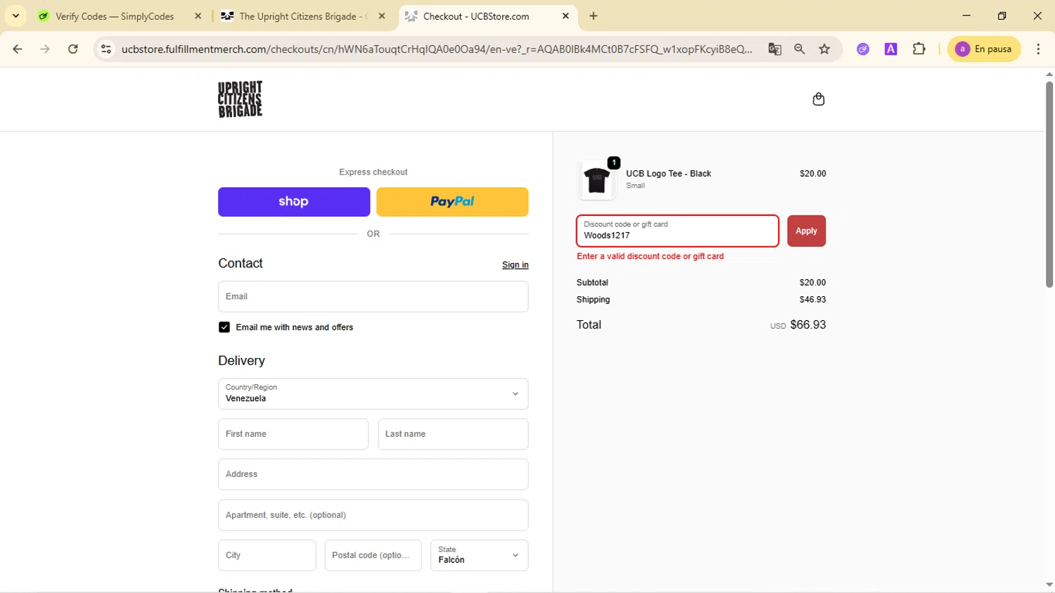 Upright Citizens Brigade promo code screenshot showing code Woods1217 applied at Upright Citizens Brigade checkout page. Uploaded by SimplyCodes community member CodeMaverick246 on Dec 18, 2025