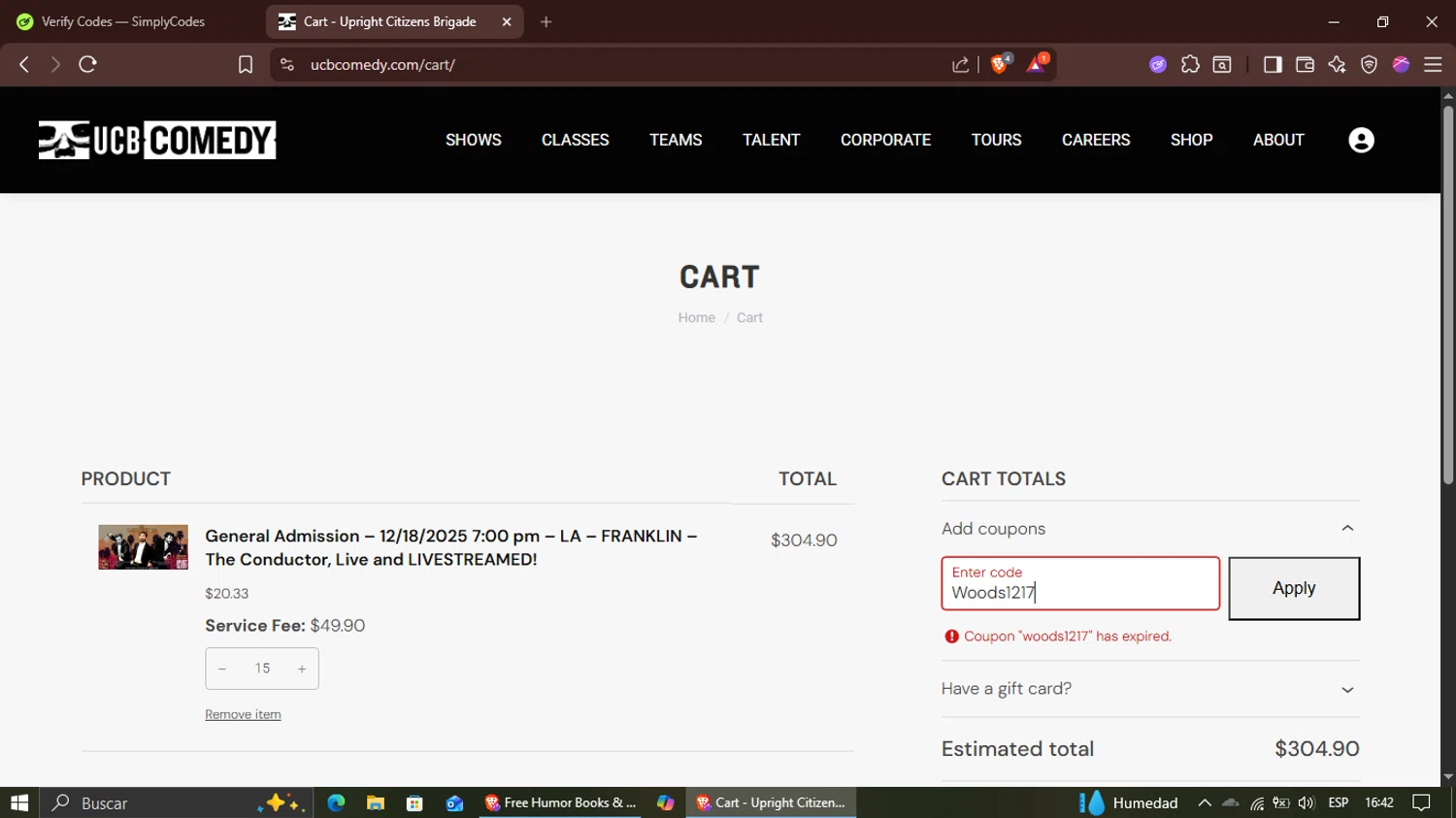 Upright Citizens Brigade promo code screenshot showing code Woods1217 applied at Upright Citizens Brigade checkout page. Uploaded by SimplyCodes community member Suguru_Geto on Dec 18, 2025