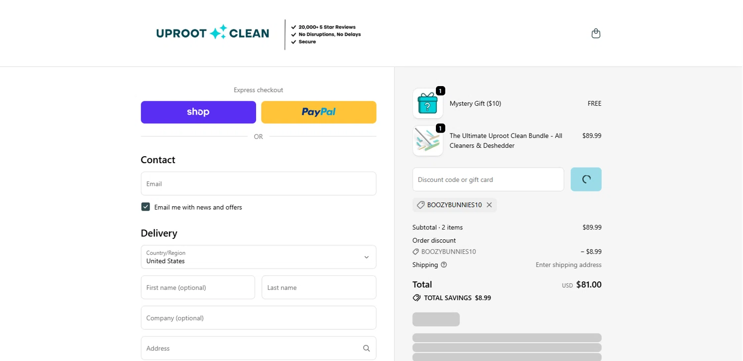 Uproot Clean promo code screenshot showing code Boozybunnies10 applied at Uproot Clean checkout page. Uploaded by SimplyCodes community member MagnifiHero3476 on Feb 21, 2026