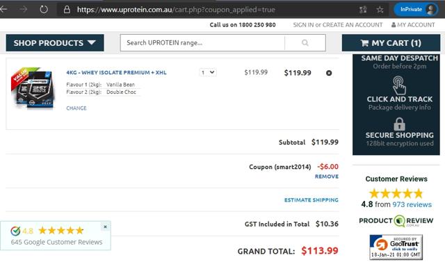 Uprotein checkout page showing Uprotein coupon code box | Screenshot taken by SimplyCodes community member on Jan 17, 2021