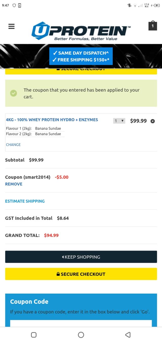 Uprotein checkout page showing Uprotein coupon code box | Screenshot taken by SimplyCodes community member on Mar 24, 2021