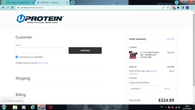 Uprotein checkout page showing Uprotein coupon code box | Screenshot taken by SimplyCodes community member on Apr 2, 2024