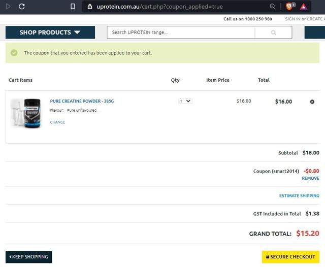Uprotein checkout page showing Uprotein coupon code box | Screenshot taken by SimplyCodes community member on Apr 28, 2021