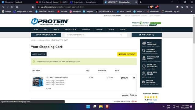 Uprotein checkout page showing Uprotein coupon code box | Screenshot taken by SimplyCodes community member on Mar 26, 2022