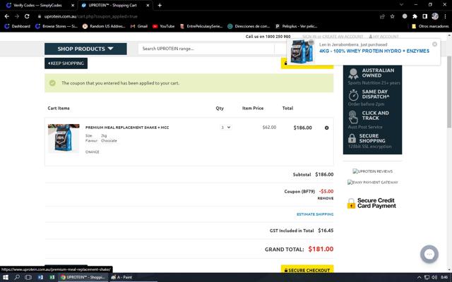 Uprotein checkout page showing Uprotein coupon code box | Screenshot taken by SimplyCodes community member on Nov 22, 2022