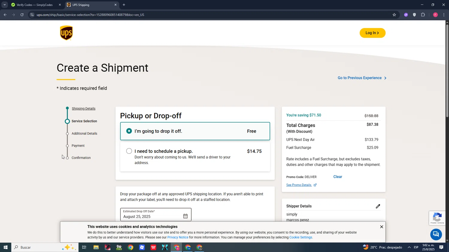UPS promo code screenshot showing code DELIVER applied at UPS checkout page. Uploaded by SimplyCodes community member CleverMonarch1744 on Aug 25, 2025
