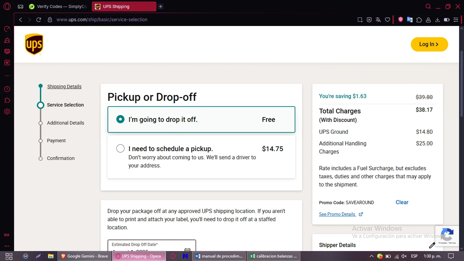 UPS promo code screenshot showing code DELIVER applied at UPS checkout page. Uploaded by SimplyCodes community member RewardLion134 on Aug 1, 2025