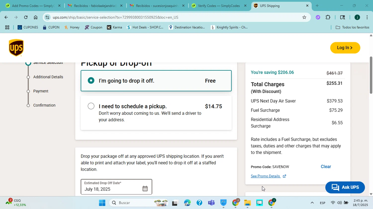 UPS promo code screenshot showing code SAVENOW applied at UPS checkout page. Uploaded by SimplyCodes community member jorgejavierherrera on Jul 18, 2025