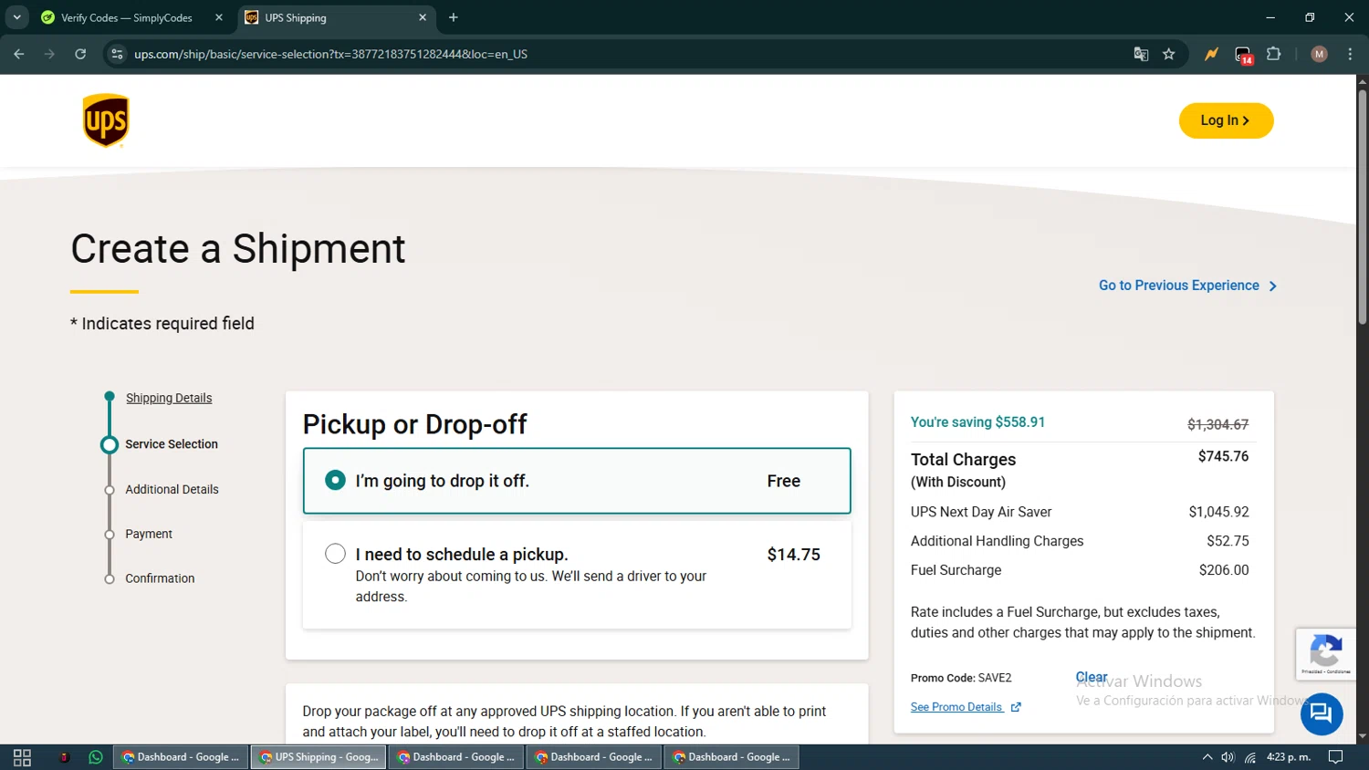 UPS promo code screenshot showing code SAVE2 applied at UPS checkout page. Uploaded by SimplyCodes community member DiscountTitan4635 on Aug 27, 2025
