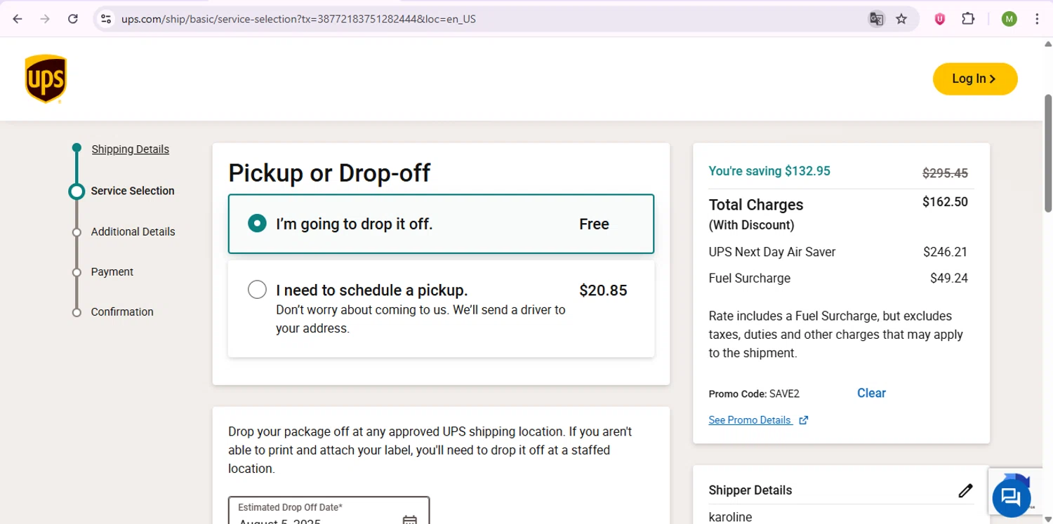 UPS promo code screenshot showing code SAVE2 applied at UPS checkout page. Uploaded by SimplyCodes community member SaleSentinel7319 on Aug 5, 2025