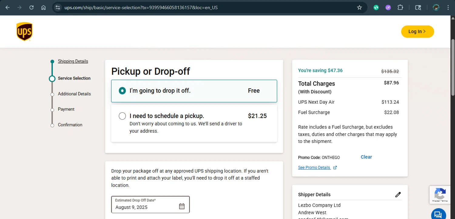 UPS promo code screenshot showing code ONTHEGO applied at UPS checkout page. Uploaded by SimplyCodes community member xAngel on Aug 9, 2025