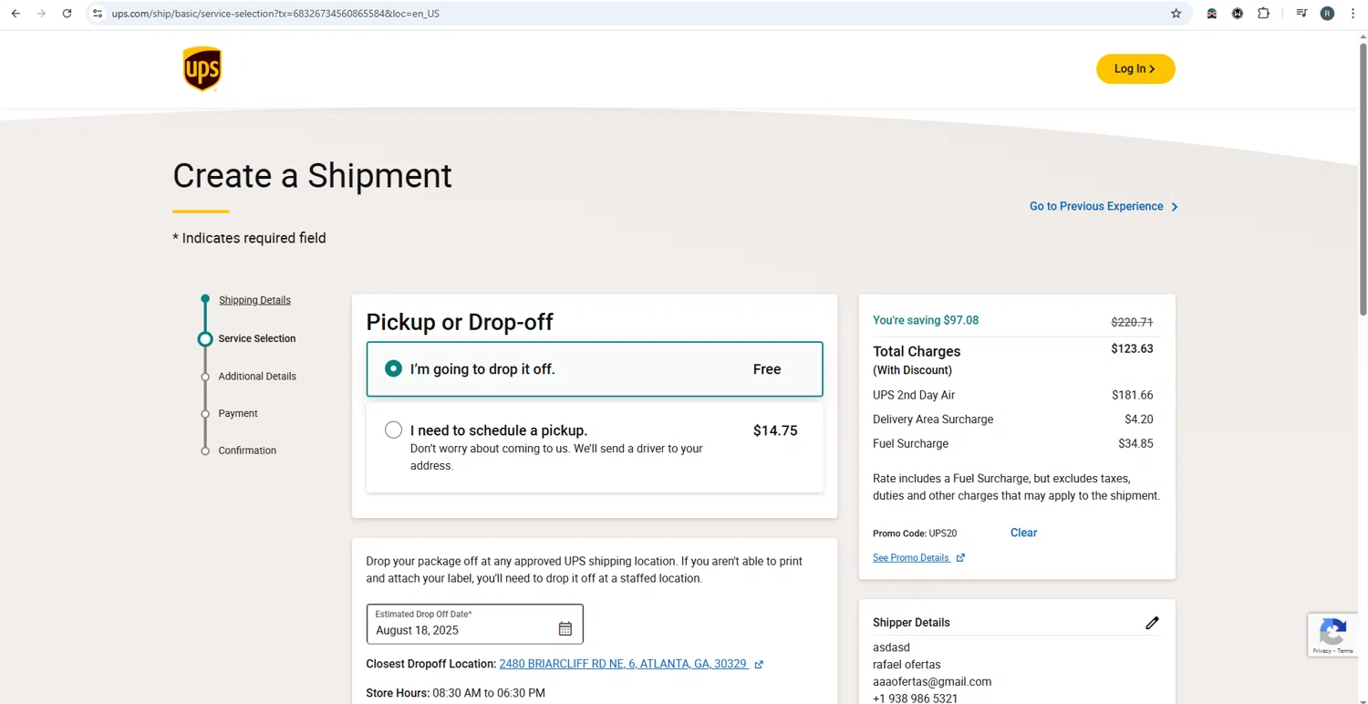 UPS promo code screenshot showing code UPS20 applied at UPS checkout page. Uploaded by SimplyCodes community member rafaelmarquez on Aug 18, 2025