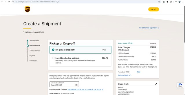 UPS checkout page showing UPS promo code box | Screenshot taken by SimplyCodes community member on Aug 18, 2025