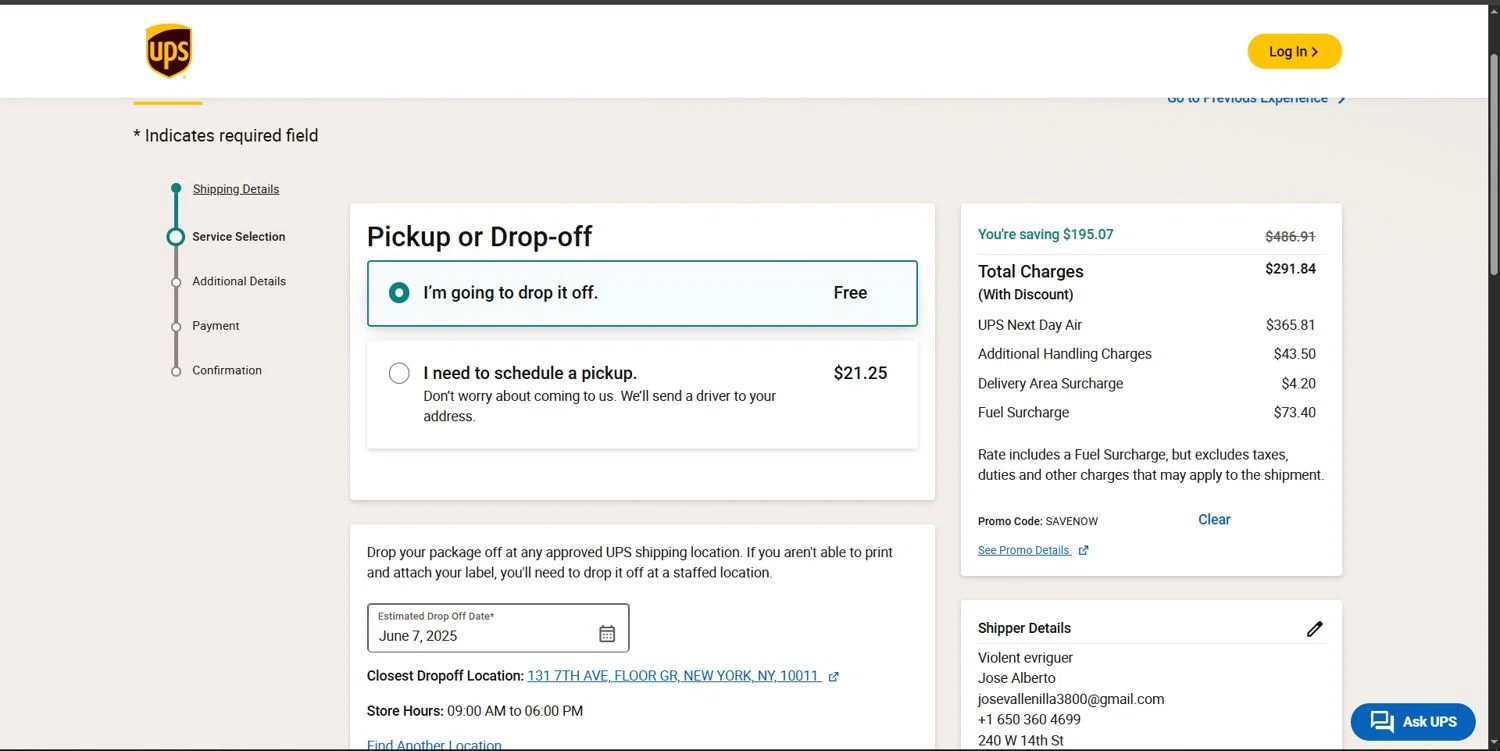 UPS promo code screenshot showing code SAVENOW applied at UPS checkout page. Uploaded by SimplyCodes community member Depressive on Jun 7, 2025