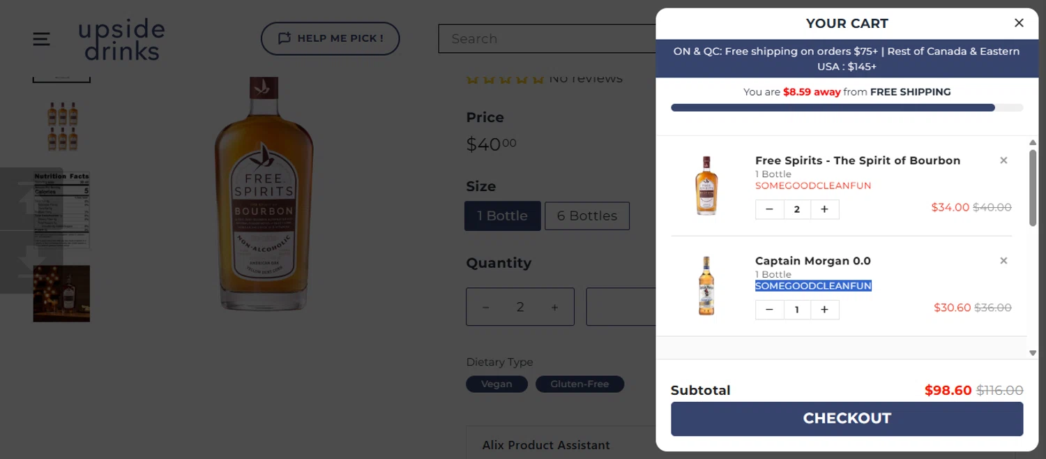 Upside Drinks promo code screenshot showing code SOMEGOODCLEANFUN applied at Upside Drinks checkout page. Uploaded by SimplyCodes community member 111111 on Dec 20, 2025