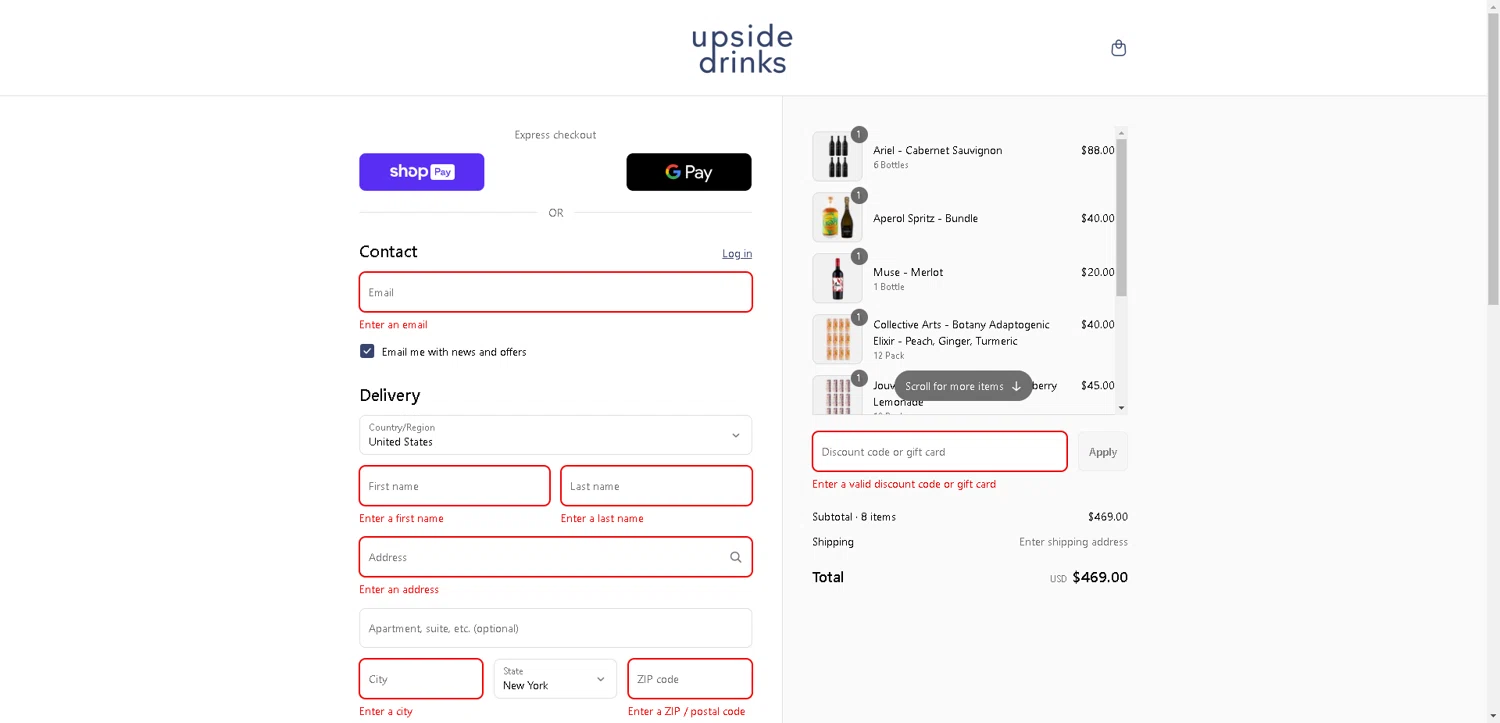 Upside Drinks promo code screenshot showing code GVANTSAA applied at Upside Drinks checkout page. Uploaded by SimplyCodes community member BargainCurator5453 on Aug 9, 2025
