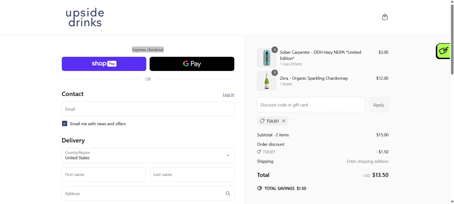 Upside Drinks promo code screenshot showing code TSIU01 applied at Upside Drinks checkout page. Uploaded by SimplyCodes community member HoneyJean on Apr 20, 2025