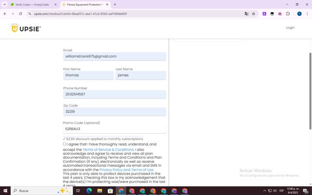 Upsie checkout page showing Upsie promo code box | Screenshot taken by SimplyCodes community member on Apr 6, 2025