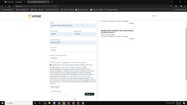 Upsie checkout page showing Upsie promo code box | Screenshot taken by SimplyCodes community member on Sep 18, 2024