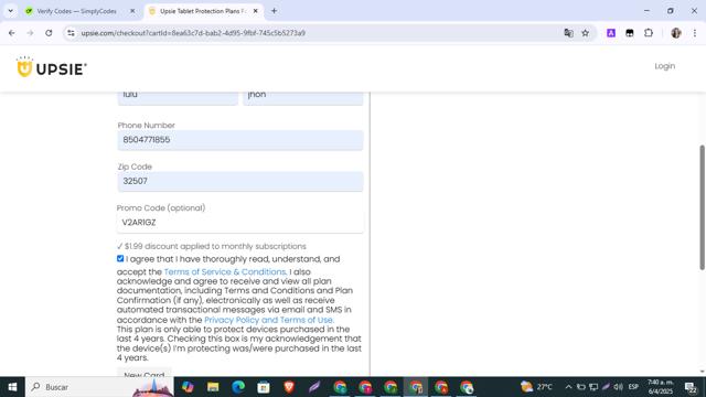 Upsie checkout page showing Upsie promo code box | Screenshot taken by SimplyCodes community member on Apr 6, 2025