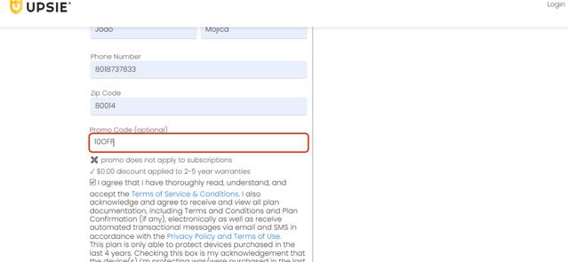 Upsie checkout page showing Upsie promo code box | Screenshot taken by SimplyCodes community member on Sep 18, 2024