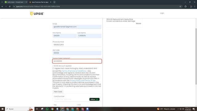 Upsie checkout page showing Upsie promo code box | Screenshot taken by SimplyCodes community member on Sep 18, 2024