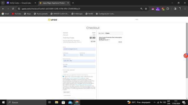 Upsie checkout page showing Upsie promo code box | Screenshot taken by SimplyCodes community member on Feb 17, 2024