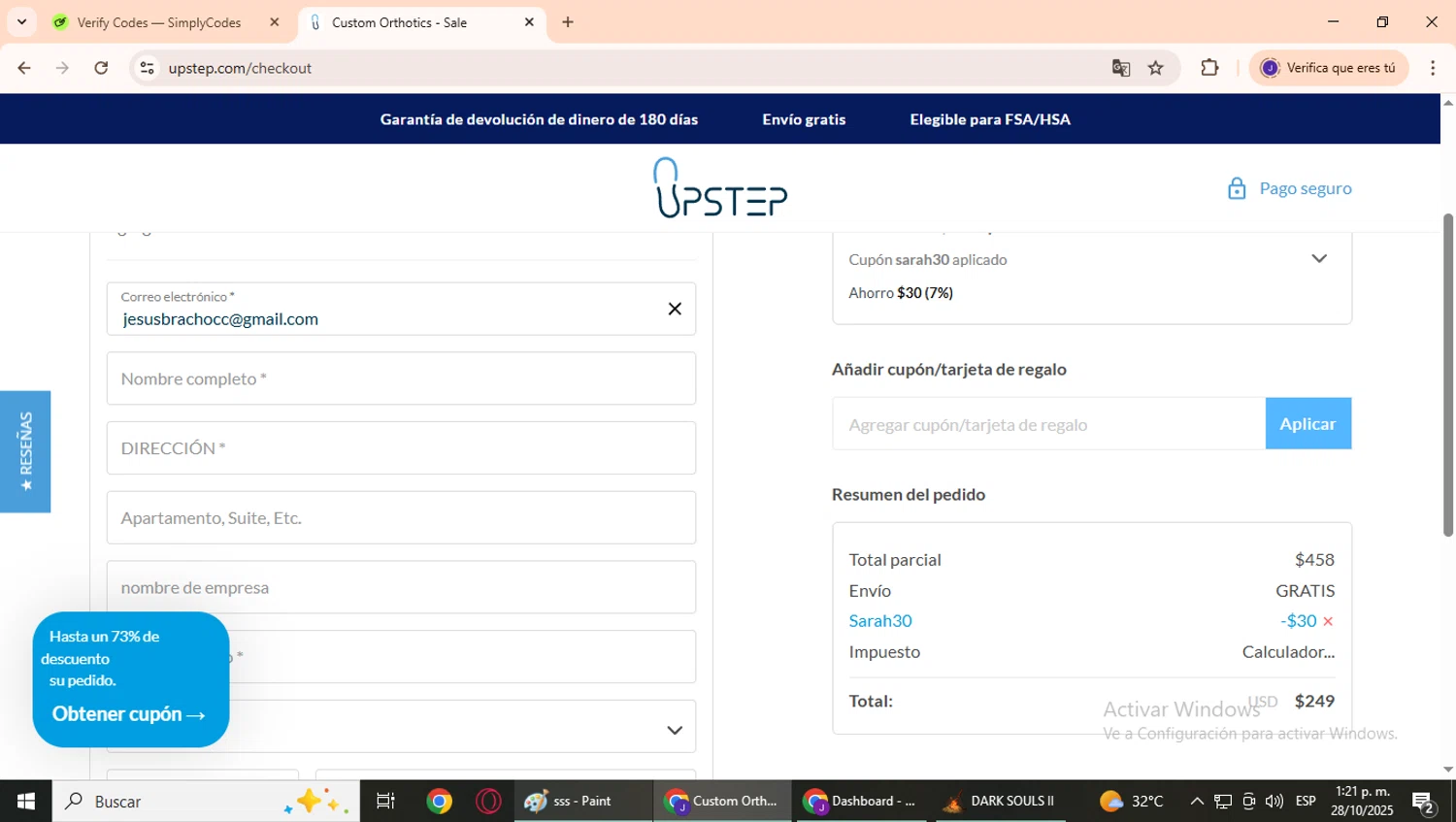 Upstep coupon code screenshot showing code SARAH30 applied at Upstep checkout page. Uploaded by SimplyCodes community member CrownPhoenix4297 on Oct 28, 2025