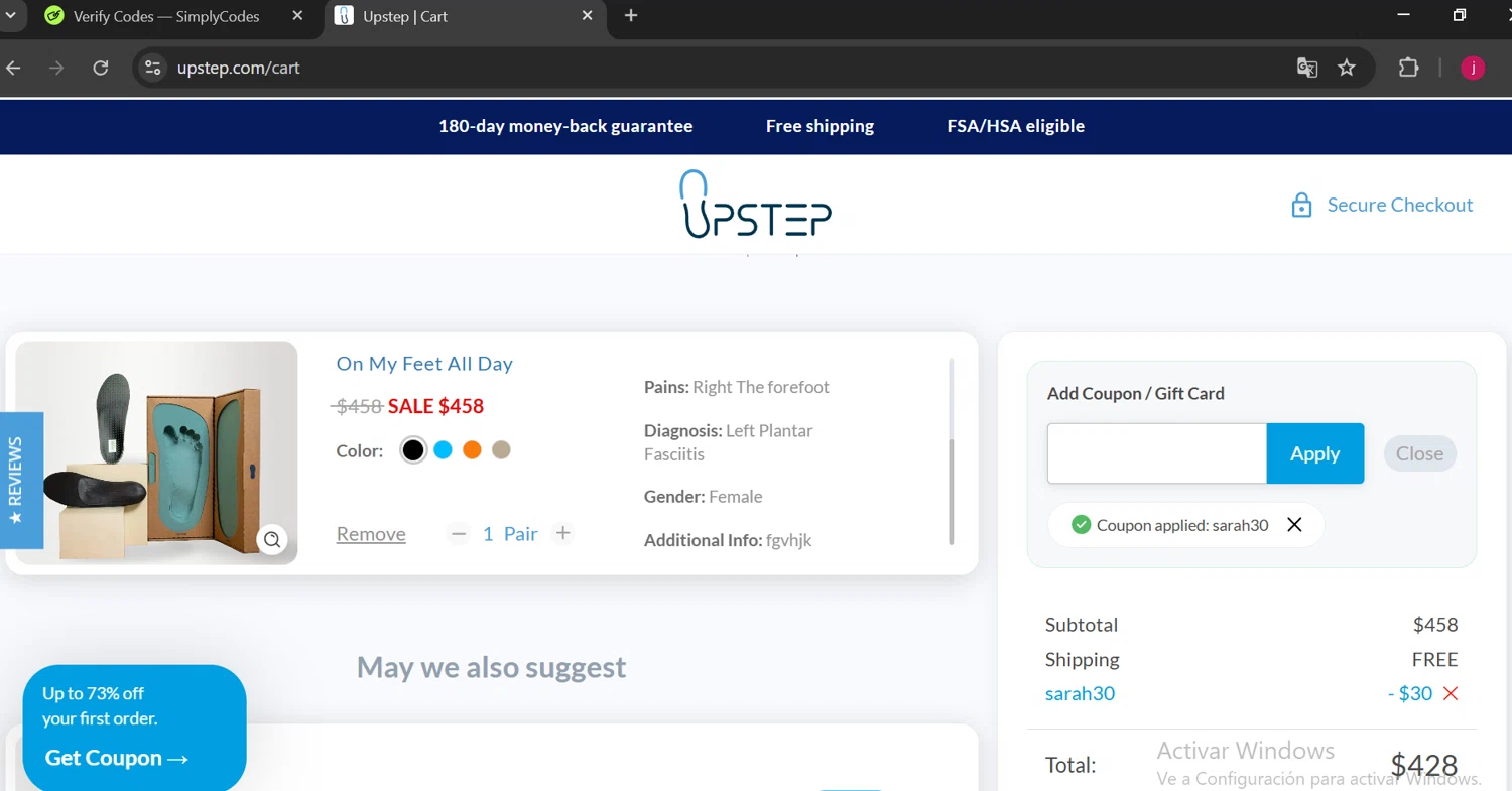 Upstep coupon code screenshot showing code SARAH30 applied at Upstep checkout page. Uploaded by SimplyCodes community member DiaCritics on Apr 11, 2025