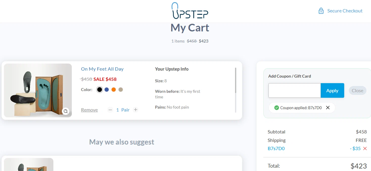 Upstep coupon code screenshot showing code B7S7D0 applied at Upstep checkout page. Uploaded by SimplyCodes community member IamJors on Aug 8, 2025
