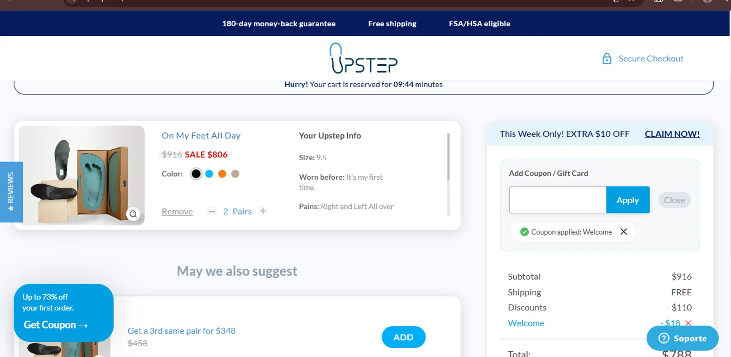 Upstep coupon code screenshot showing code Welcome applied at Upstep checkout page. Uploaded by SimplyCodes community member VoucherSleuth8988 on Jan 18, 2025