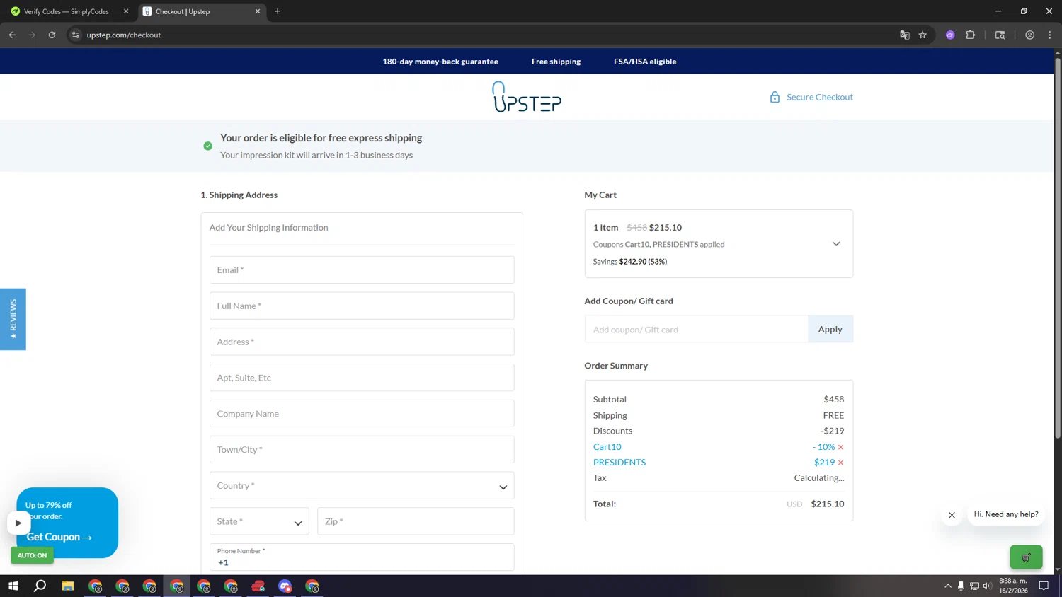 Upstep checkout page showing Upstep coupon code box | Screenshot taken by SimplyCodes community member on Feb 16, 2026