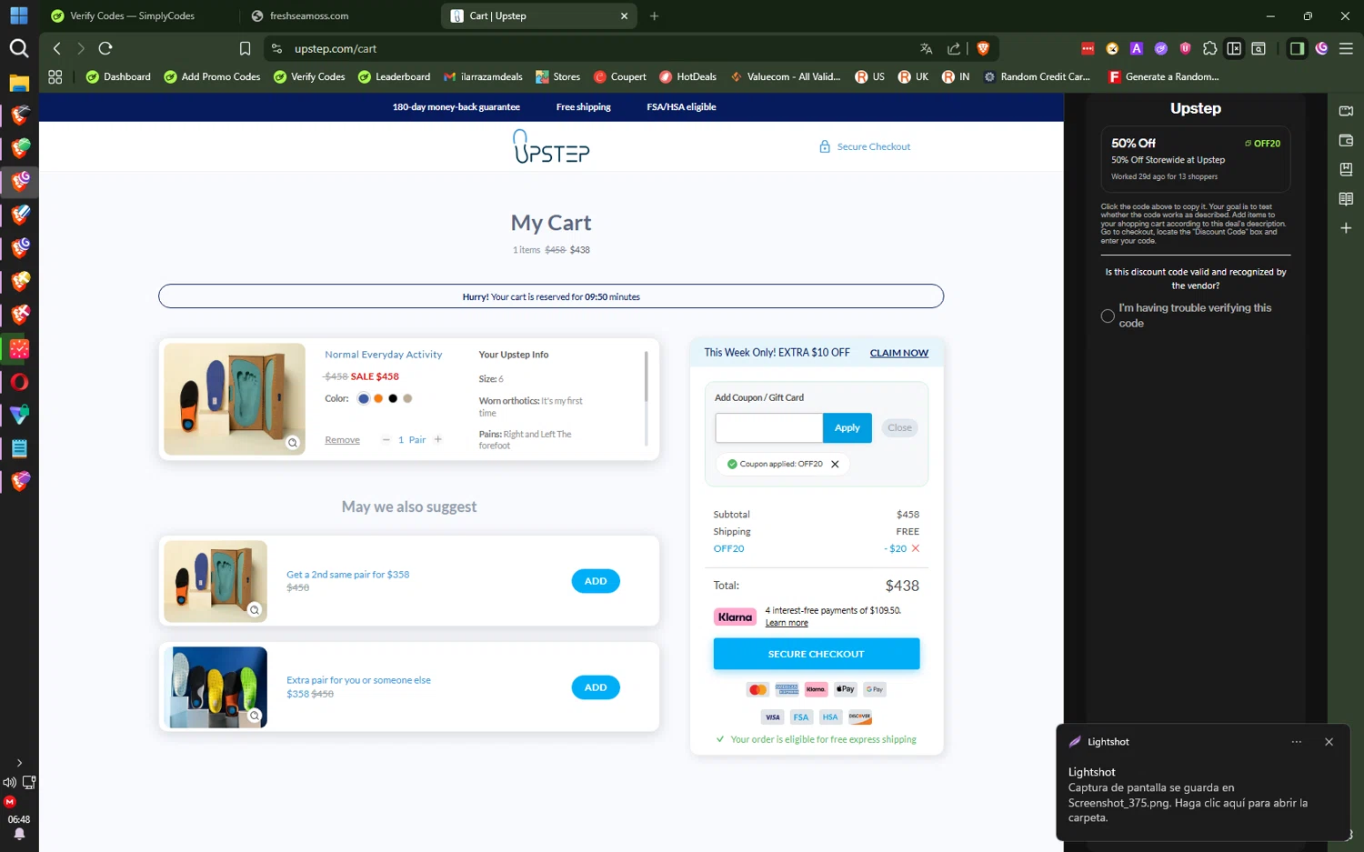 Upstep coupon code screenshot showing code OFF20 applied at Upstep checkout page. Uploaded by SimplyCodes community member CoreSeeker9184 on Dec 18, 2025