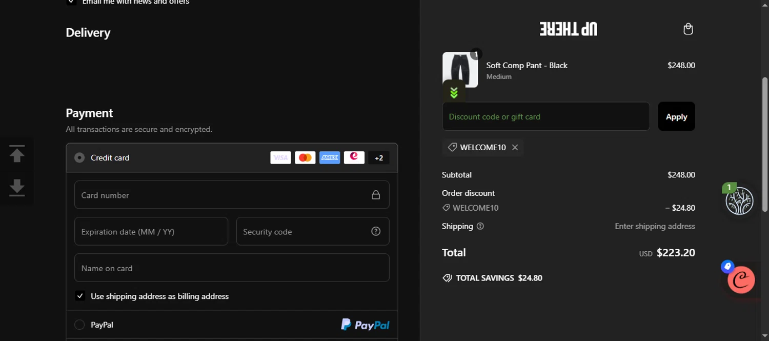 Up There Store discount code screenshot showing code WELCOME10 applied at Up There Store checkout page. Uploaded by SimplyCodes community member 111111 on Mar 12, 2025