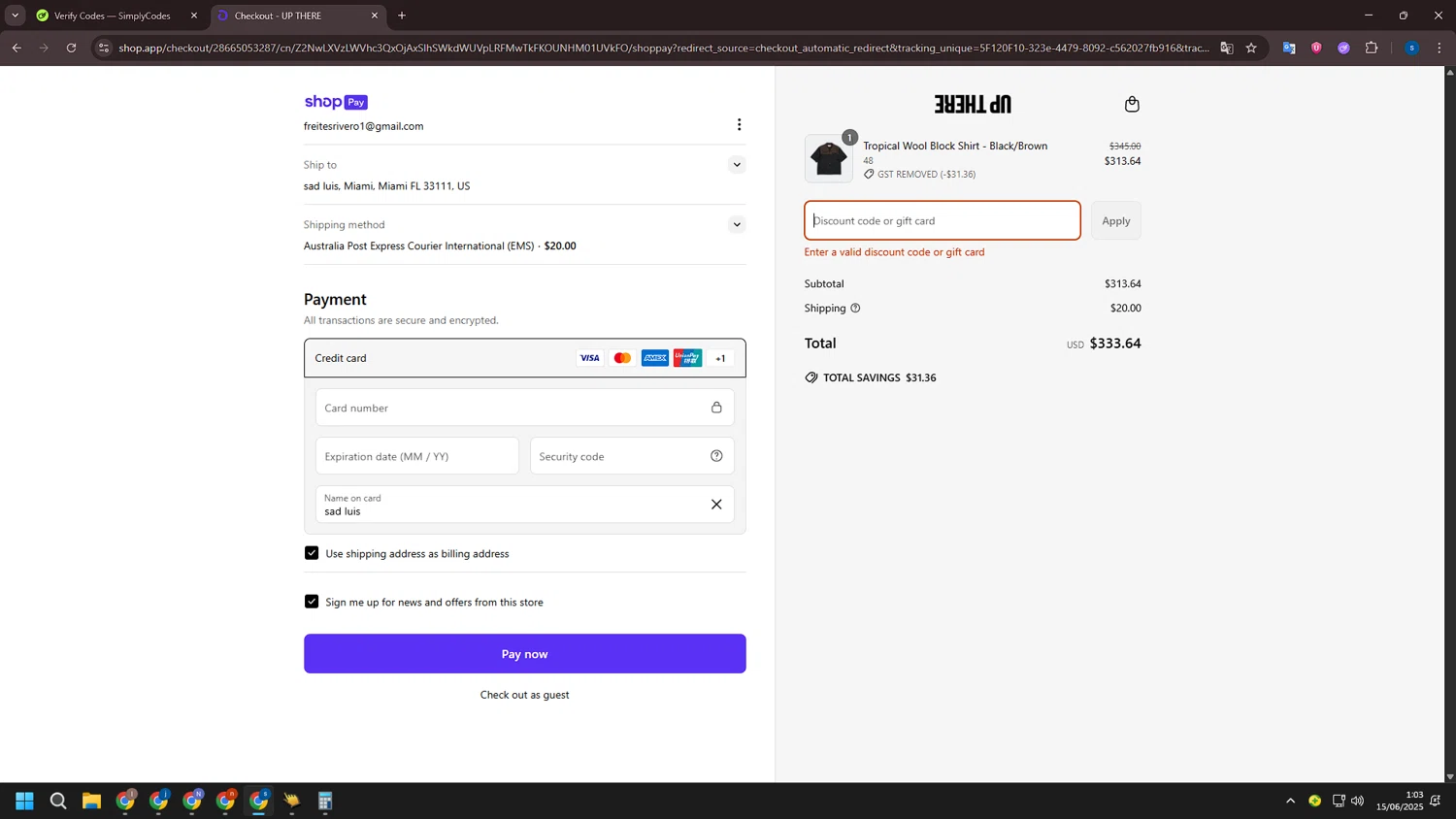 Up There Store discount code screenshot showing code WELCOME10 applied at Up There Store checkout page. Uploaded by SimplyCodes community member ExtraordinarySleuth4345 on Jun 15, 2025