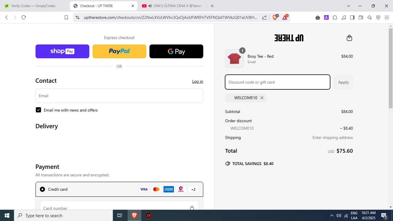 Up There Store discount code screenshot showing code WELCOME10 applied at Up There Store checkout page. Uploaded by SimplyCodes community member Juliocesar27 on Apr 2, 2025