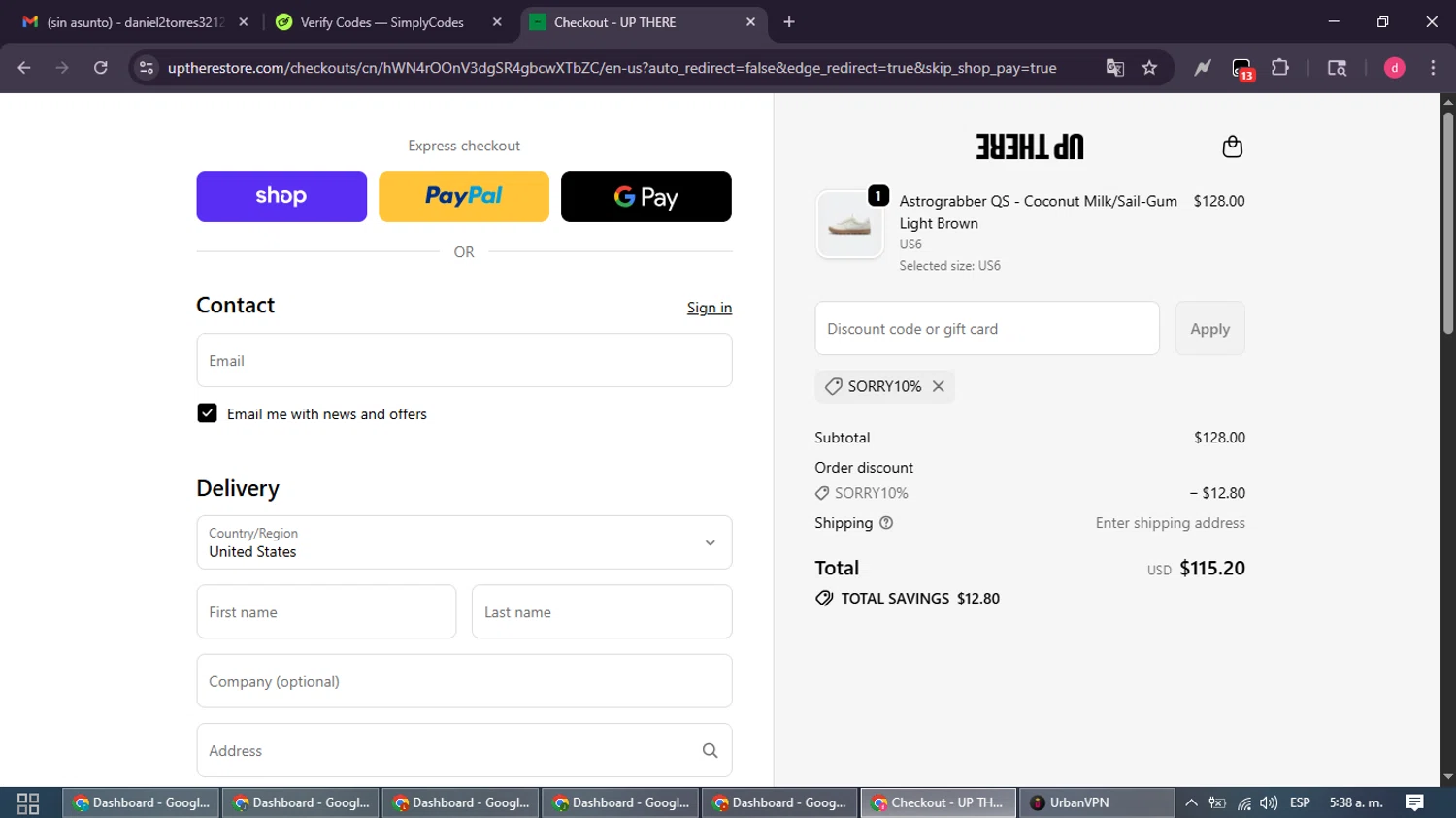 Up There Store discount code screenshot showing code SORRY10% applied at Up There Store checkout page. Uploaded by SimplyCodes community member MagnificentSpotter4236 on Nov 3, 2025