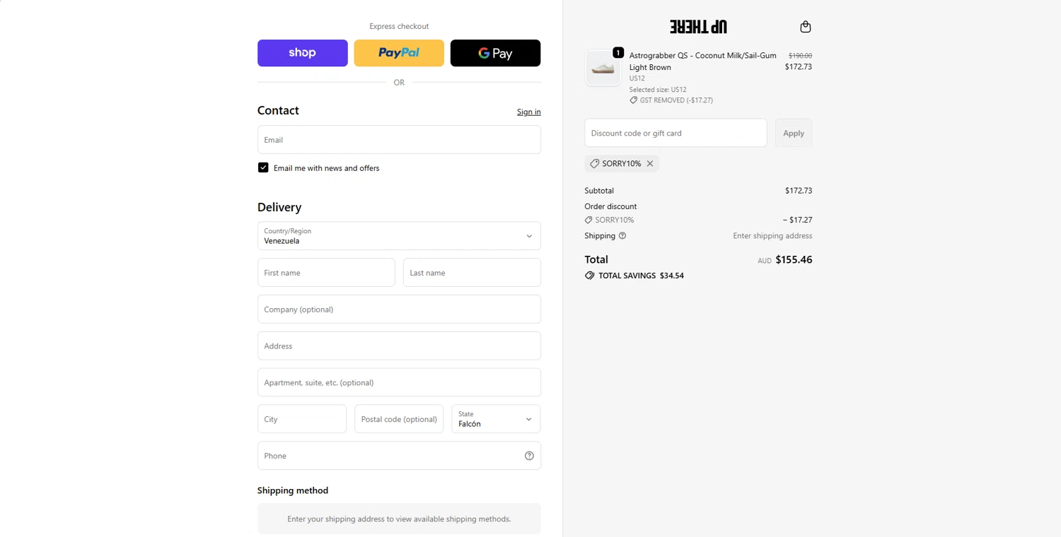 Up There Store discount code screenshot showing code SORRY10% applied at Up There Store checkout page. Uploaded by SimplyCodes community member STEVE20 on Nov 3, 2025