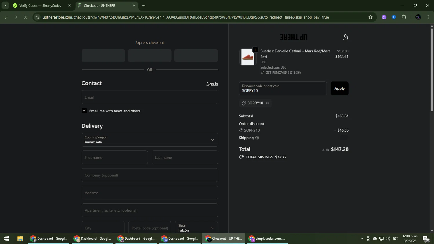Up There Store discount code screenshot showing code SORRY10 applied at Up There Store checkout page. Uploaded by SimplyCodes community member CarmenVGR on Feb 8, 2026