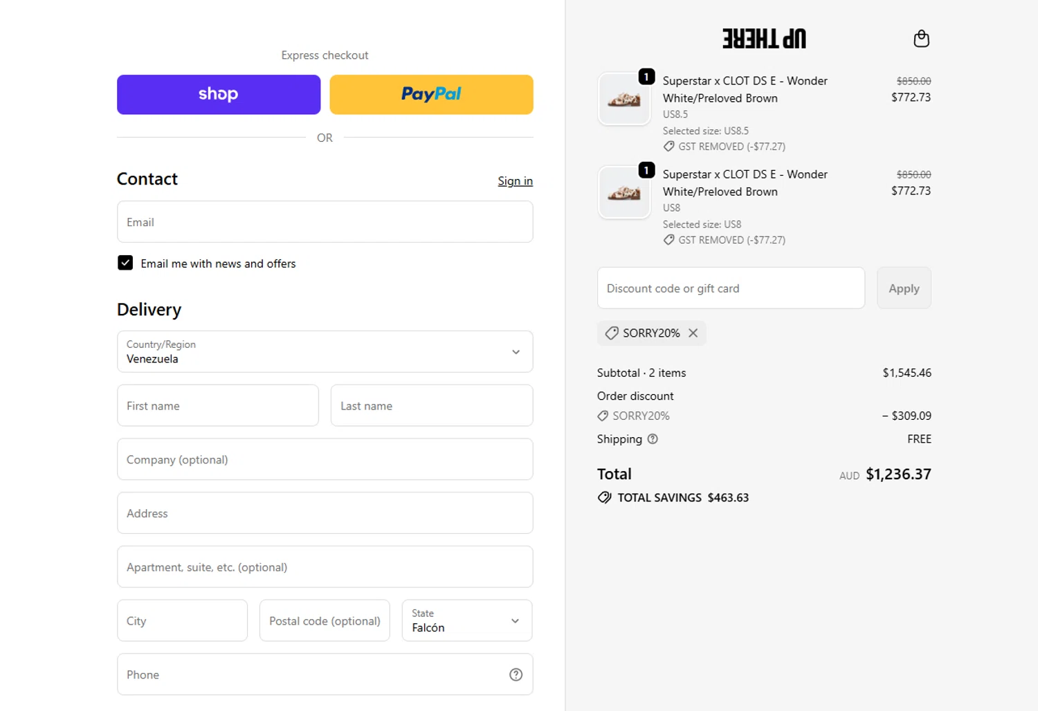 Up There Store discount code screenshot showing code SORRY20% applied at Up There Store checkout page. Uploaded by SimplyCodes community member Emil05111429 on Feb 1, 2026