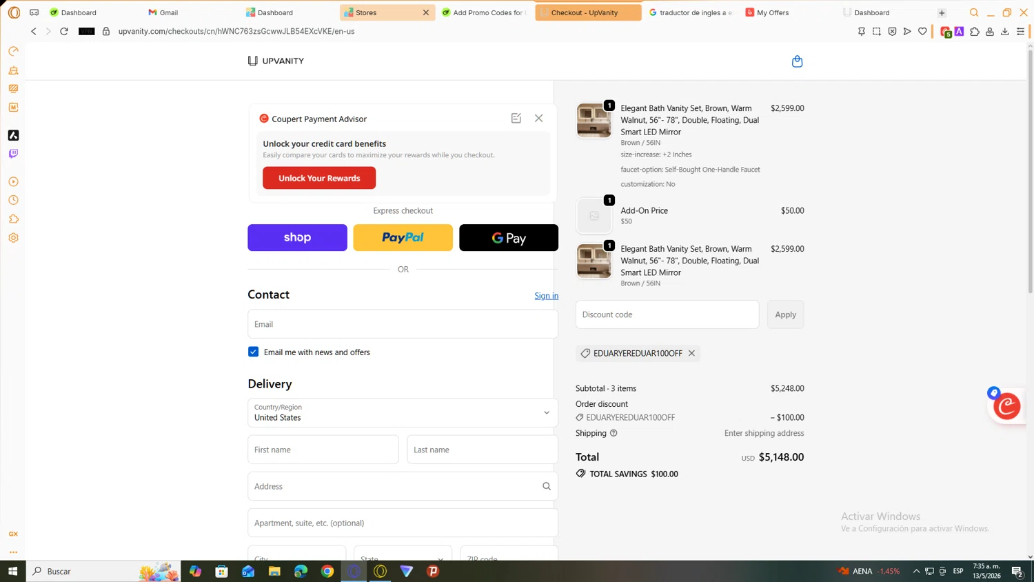 UpVanity promo code screenshot showing code EDUARYEREDUAR100OFF applied at UpVanity checkout page. Uploaded by SimplyCodes community member JEUGENIO on May 13, 2026