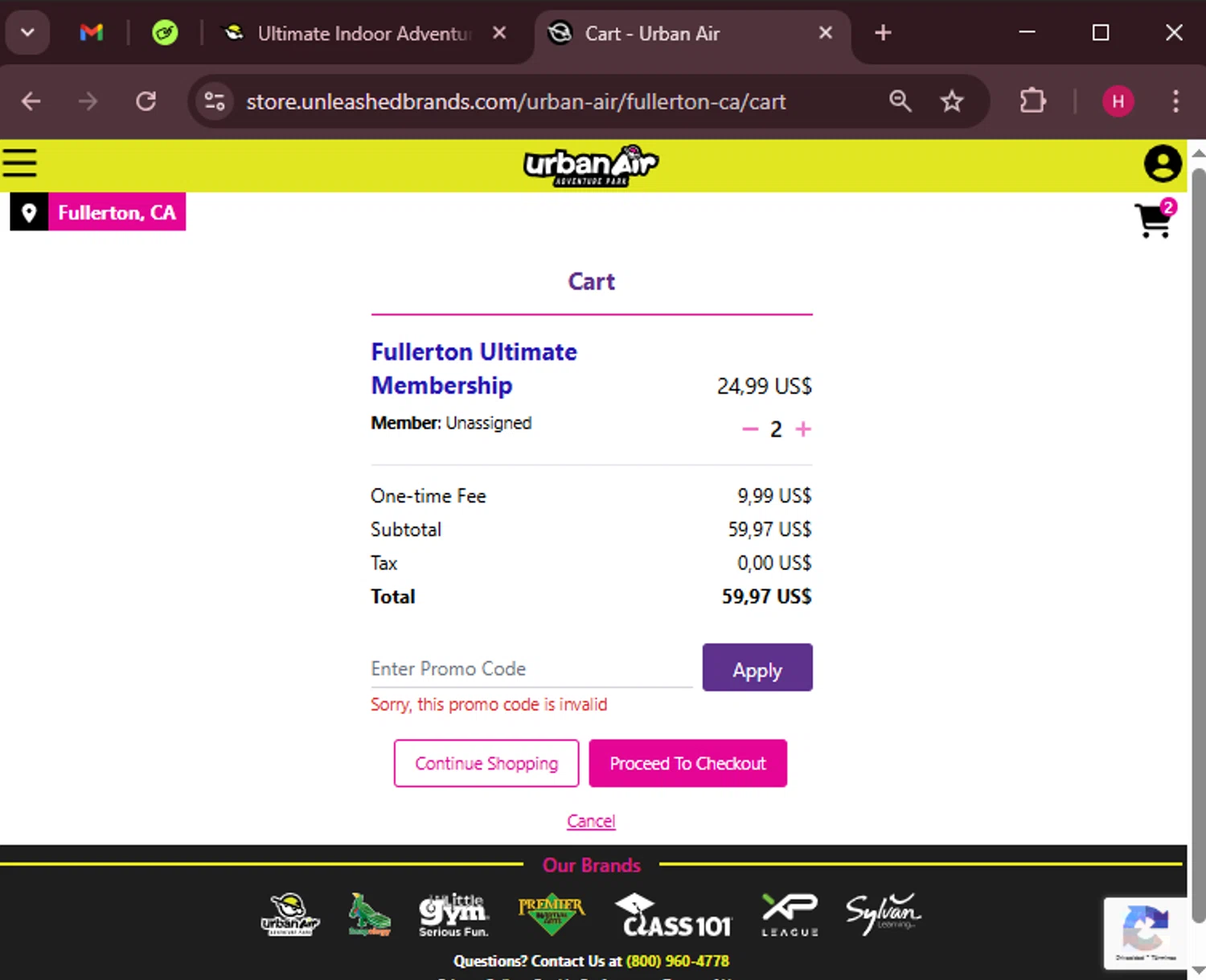 Urban Air Adventure Park promo code screenshot showing code ONEFREE applied at Urban Air Adventure Park checkout page. Uploaded by SimplyCodes community member RewardWarden8289 on Mar 20, 2025