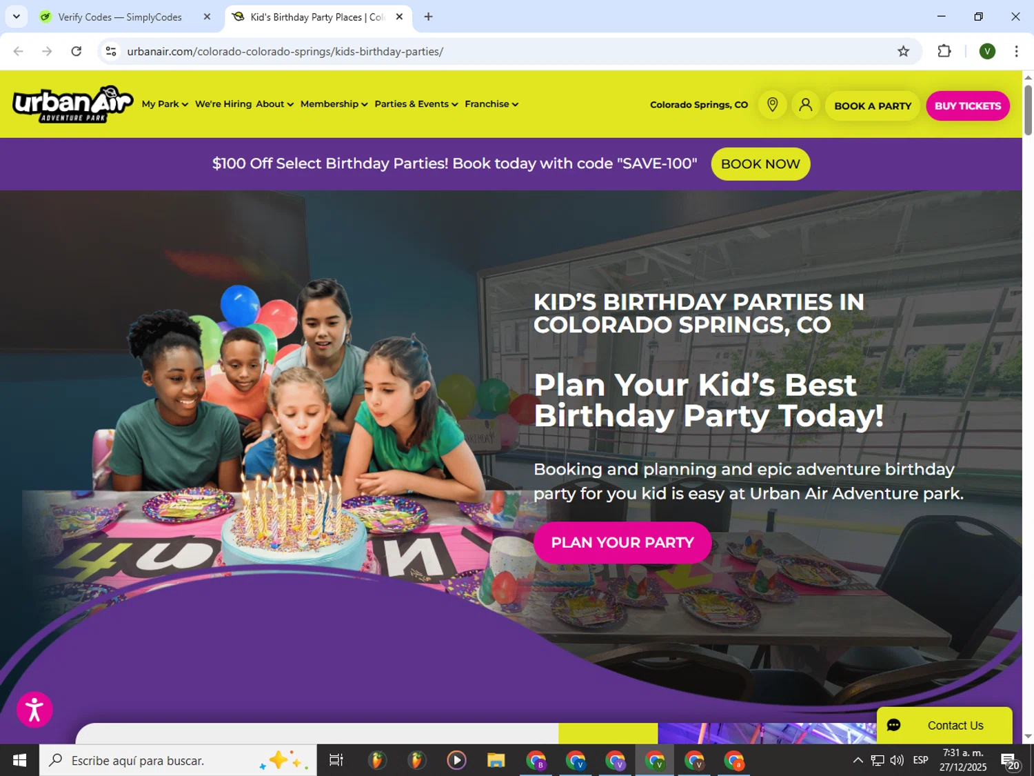 Urban Air Adventure Park promo code screenshot showing code SAVE-100 applied at Urban Air Adventure Park checkout page. Uploaded by SimplyCodes community member PrimeWizard4168 on Dec 27, 2025