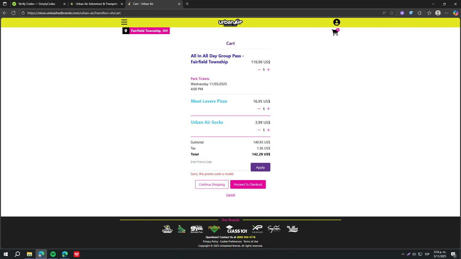 Urban Air Adventure Park promo code screenshot showing code FAIRFALL100 applied at Urban Air Adventure Park checkout page. Uploaded by SimplyCodes community member fjkdjkldsf on Nov 5, 2025