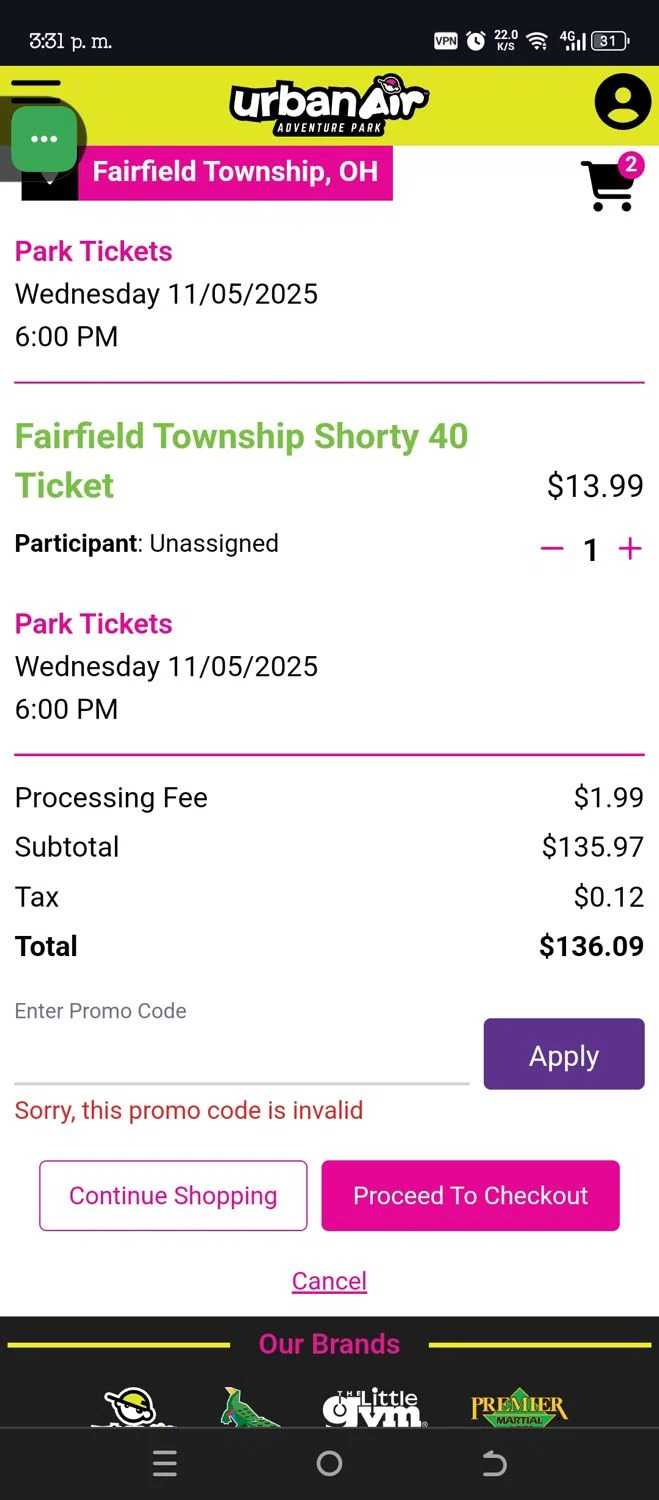 Urban Air Adventure Park promo code screenshot showing code FAIRFALL100 applied at Urban Air Adventure Park checkout page. Uploaded by SimplyCodes community member VillaloboY on Nov 5, 2025